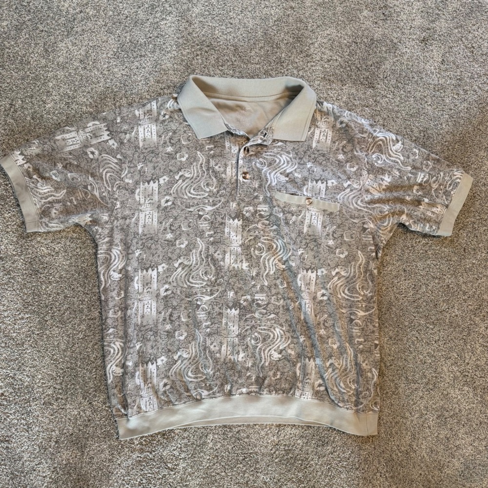 David Taylor Collection Mens Large Abstract Castle Print Banded Polo Shirt